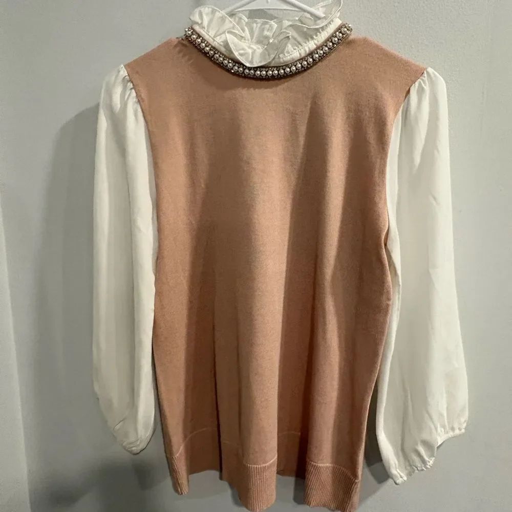 Cable & Gauge Pink and White Cowl Neck Sweater